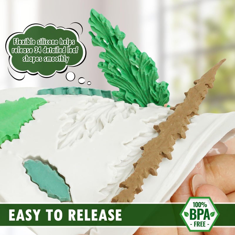 HKNMTT Leaf Fondant Silicone Mold Small Maple Shapes, 34 Cavity Tree Fern Leaves Rose Flower for Cake Cupcake Topper Craft Decorating Sugar Candy Clay Plant Moulds DIY BPA Free - Image 4