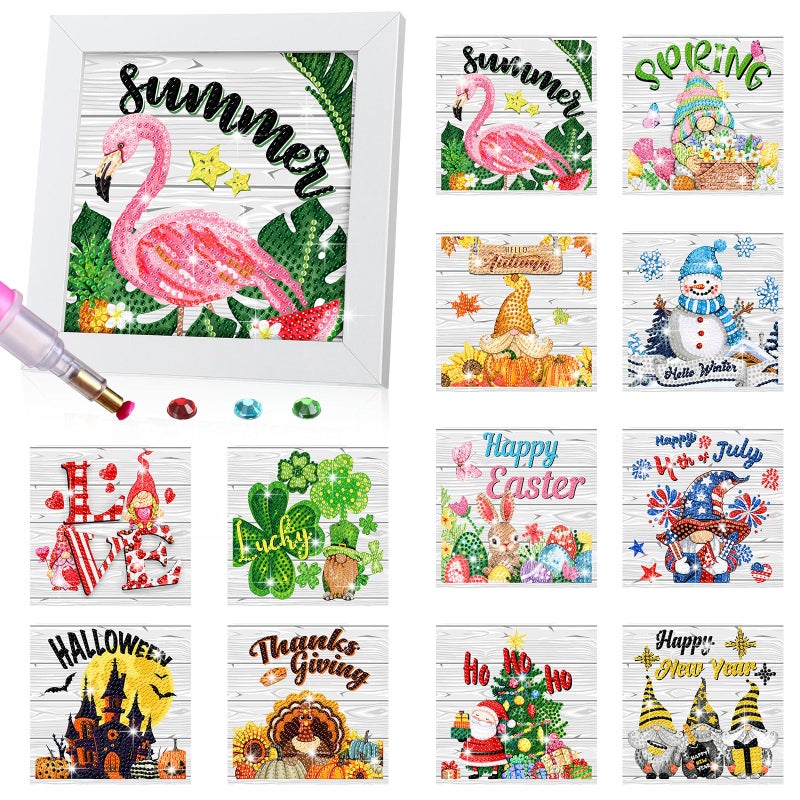 Trandraft 13 Pcs Interchangeable Holiday Small Diamond Art Kits for Adults 5D Seasonal Diamond Painting Calendar 2026 with Frame for Holiday Table Decor Art Craft Gift (Multi Elements) - Image 1
