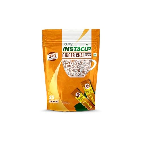 ATLANTIS Instacup Ginger Tea Premix Single Serve Sachets Pack | 25 Sachets X 14 Grams | Travel-Friendly Zipper Lock Pack | Just Add Hot Water & Stir - Image 1