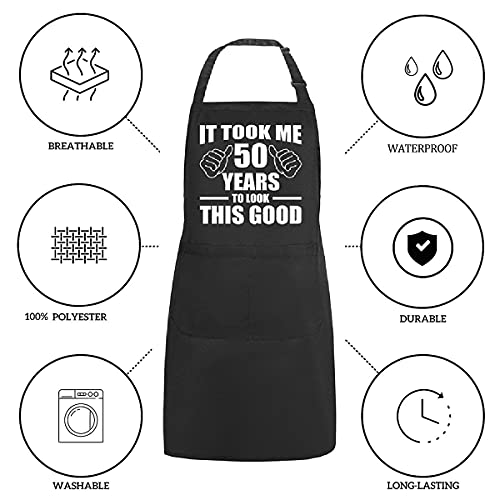POTALKFREE 50th Birthday Gifts for Women Men, Funny Chef Aprons with Pockets, Kitchen Cooking Grilling Apron for Grandma Grandpa Dad Mom, Grill Decorations for Christmas Thanksgiving - Image 3