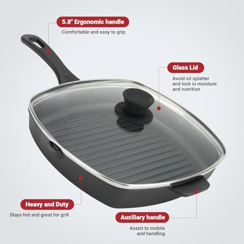 Northriver Casting 10.5 Inch Cast Iron Square Grill Pan with Tempered Glass Lid, Heavy Steak & Bacon Pans for Stove Tops - Image 4
