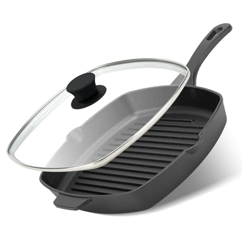 Northriver Casting 10.5 Inch Cast Iron Square Grill Pan with Tempered Glass Lid, Heavy Steak & Bacon Pans for Stove Tops - Image 1