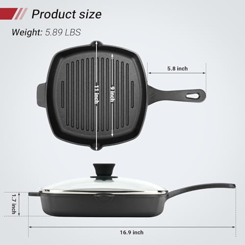 Northriver Casting 10.5 Inch Cast Iron Square Grill Pan with Tempered Glass Lid, Heavy Steak & Bacon Pans for Stove Tops - Image 2