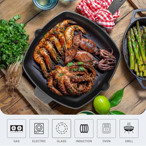 Northriver Casting 10.5 Inch Cast Iron Square Grill Pan with Tempered Glass Lid, Heavy Steak & Bacon Pans for Stove Tops - Image 5