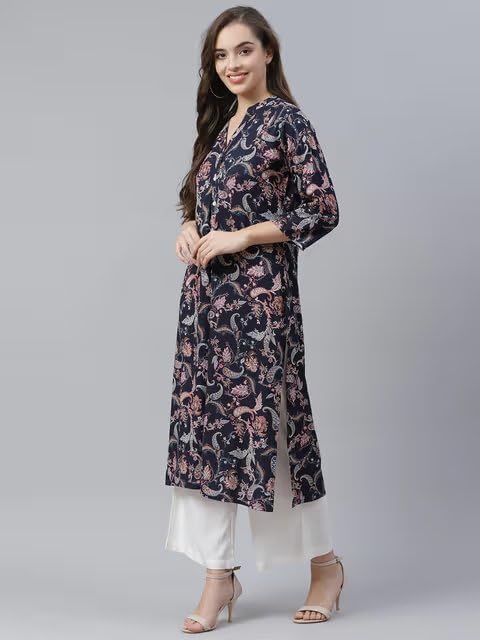 PATLANI Women's Crepe Full Stitched Kurti. Dark Blue - Image 3