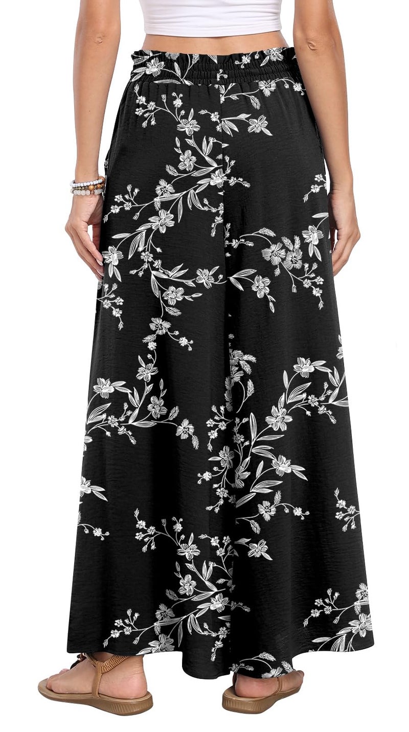 syoss Plus Size Wide Leg Pants for Women Summer Long Palazzo Pants Flowy Loose Fit Adjustable High Waist Trousers with Pockets 3XL, White Carvings Black - Image 3