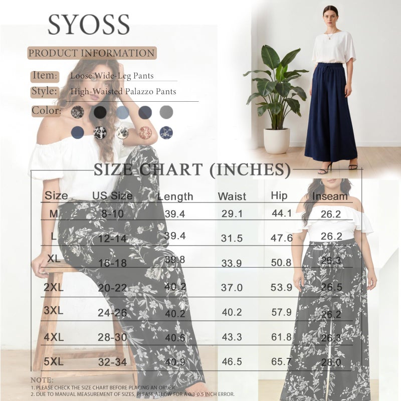 syoss Plus Size Wide Leg Pants for Women Summer Long Palazzo Pants Flowy Loose Fit Adjustable High Waist Trousers with Pockets 3XL, White Carvings Black - Image 4