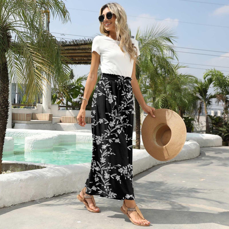 syoss Plus Size Wide Leg Pants for Women Summer Long Palazzo Pants Flowy Loose Fit Adjustable High Waist Trousers with Pockets 3XL, White Carvings Black - Image 2