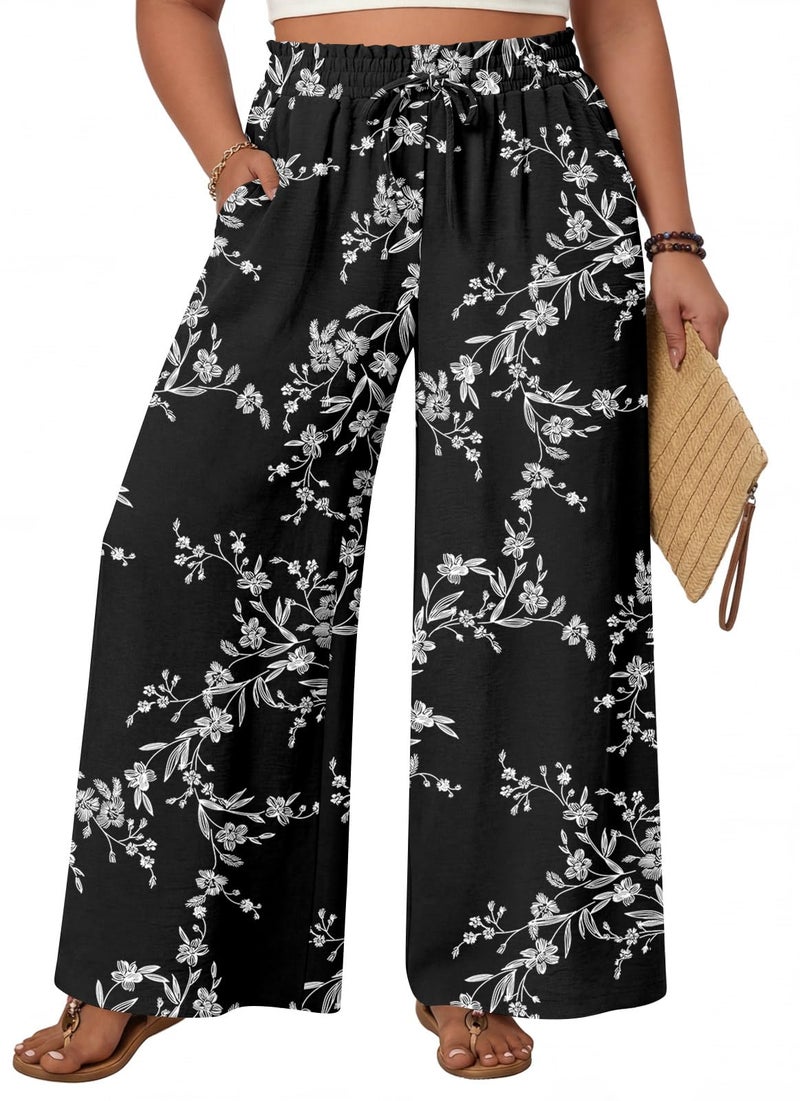 syoss Plus Size Wide Leg Pants for Women Summer Long Palazzo Pants Flowy Loose Fit Adjustable High Waist Trousers with Pockets 3XL, White Carvings Black - Image 1