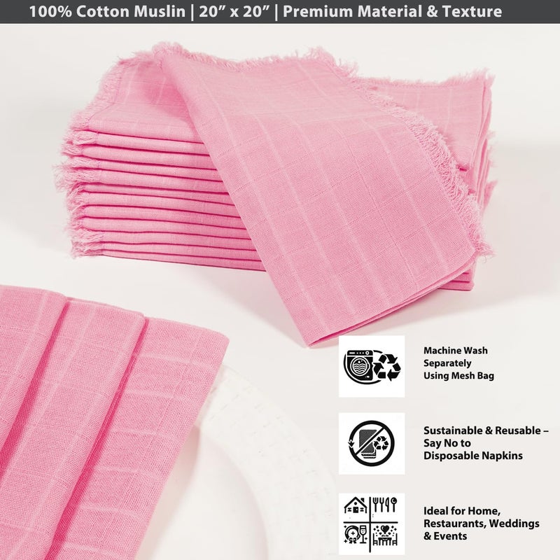 Vargottam 100% Cotton Muslin Cloth Napkins – Set of 12 | 20"x20" Washable Table Napkins with Fringed Edges & Self-Check Texture | Solid Color Napkins for Summer Gatherings, Parties - Pink - Image 5