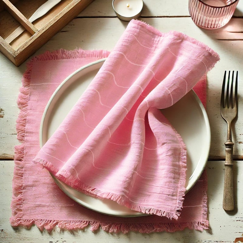 Vargottam 100% Cotton Muslin Cloth Napkins – Set of 12 | 20"x20" Washable Table Napkins with Fringed Edges & Self-Check Texture | Solid Color Napkins for Summer Gatherings, Parties - Pink - Image 1