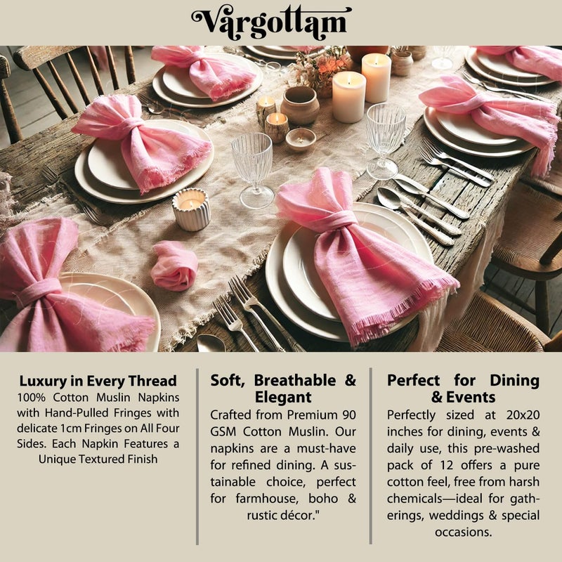 Vargottam 100% Cotton Muslin Cloth Napkins – Set of 12 | 20"x20" Washable Table Napkins with Fringed Edges & Self-Check Texture | Solid Color Napkins for Summer Gatherings, Parties - Pink - Image 4