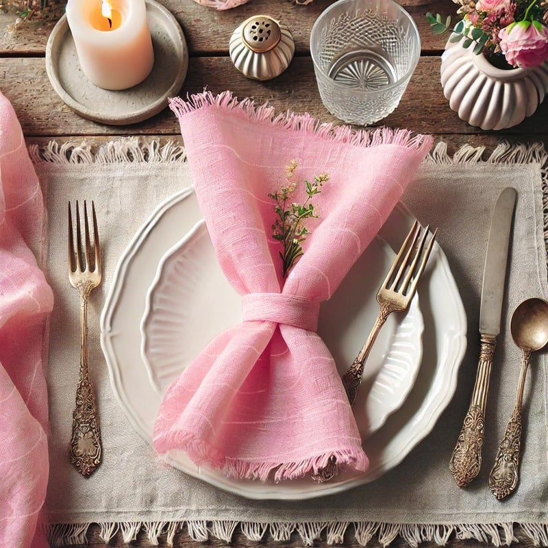 Vargottam 100% Cotton Muslin Cloth Napkins – Set of 12 | 20"x20" Washable Table Napkins with Fringed Edges & Self-Check Texture | Solid Color Napkins for Summer Gatherings, Parties - Pink - Image 3