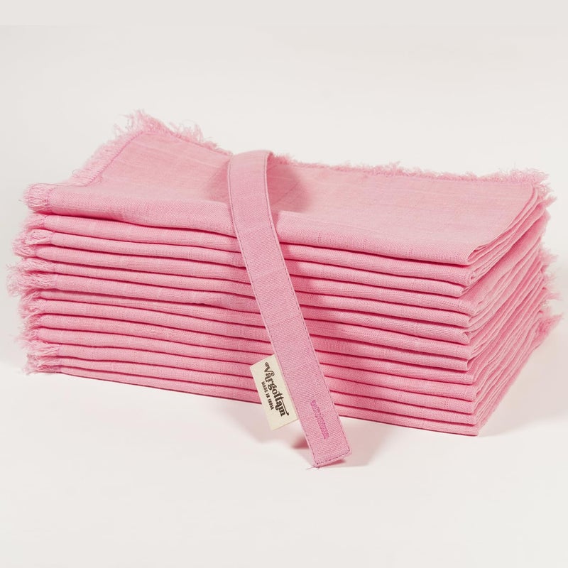 Vargottam 100% Cotton Muslin Cloth Napkins – Set of 12 | 20"x20" Washable Table Napkins with Fringed Edges & Self-Check Texture | Solid Color Napkins for Summer Gatherings, Parties - Pink - Image 2