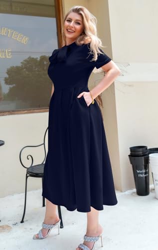 Memoriesea Women's Elegant Casual Short Sleeve Work Party A-Line Dress with Pockets NavyBlue - Image 4