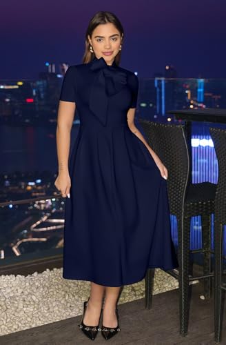 Memoriesea Women's Elegant Casual Short Sleeve Work Party A-Line Dress with Pockets NavyBlue - Image 2