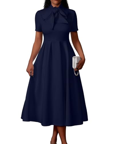 Memoriesea Women's Elegant Casual Short Sleeve Work Party A-Line Dress with Pockets NavyBlue - Image 1