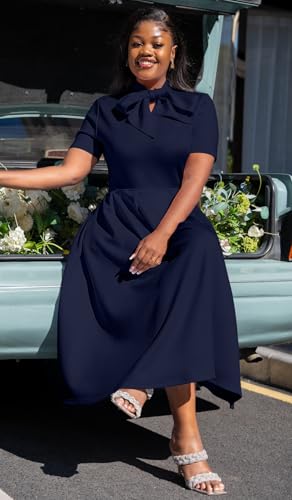 Memoriesea Women's Elegant Casual Short Sleeve Work Party A-Line Dress with Pockets NavyBlue - Image 5