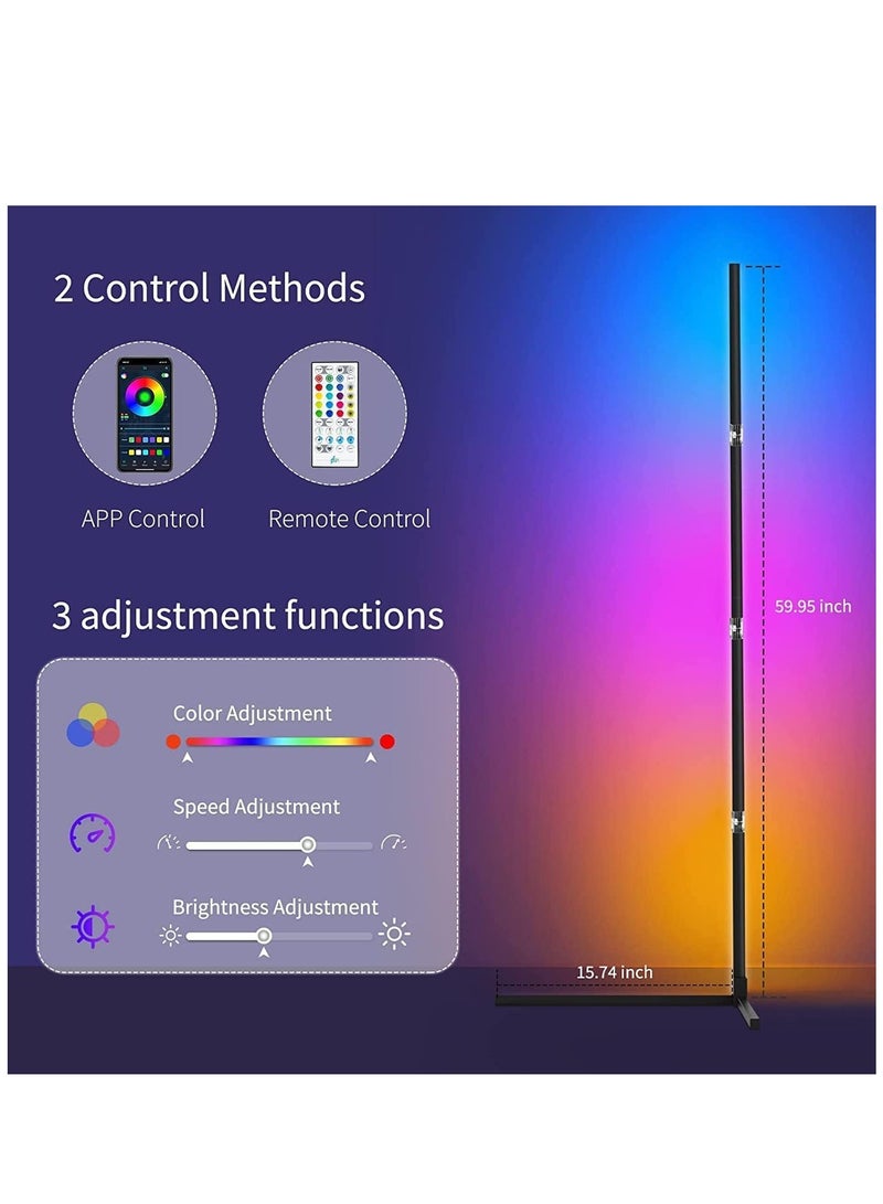 RGB LED Floor Lamp with Bluetooth App, RGB Corner Floor Lamp with Remote Control, Music and DIY Mode, Color Changing Mood Lighting for Living Room, Bedroom