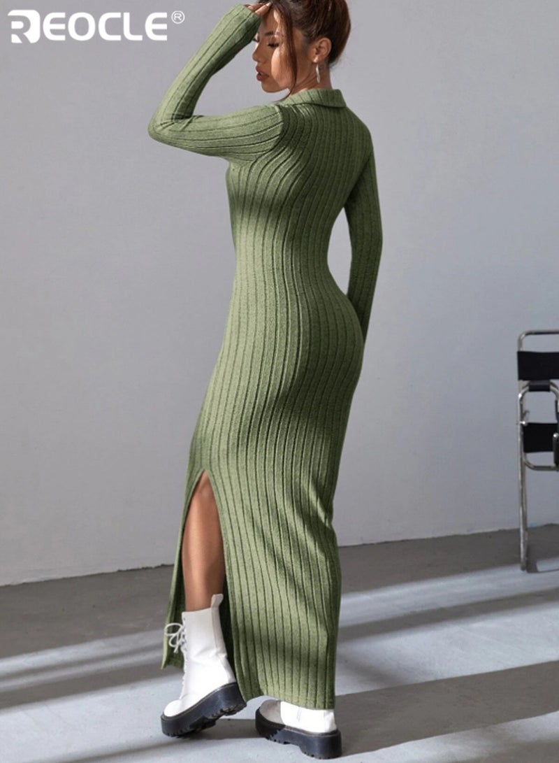 ريوكل فستان نسائي محبوك بياقة رفيعة وتصميم ضيق، فستان متوسط الطول بأكمام طويلة مضلعة من قماش مرن لارتدائه في الربيع والصيف - Image 5