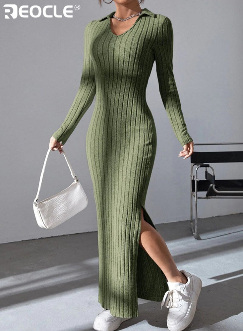 ريوكل فستان نسائي محبوك بياقة رفيعة وتصميم ضيق، فستان متوسط الطول بأكمام طويلة مضلعة من قماش مرن لارتدائه في الربيع والصيف - Image 3