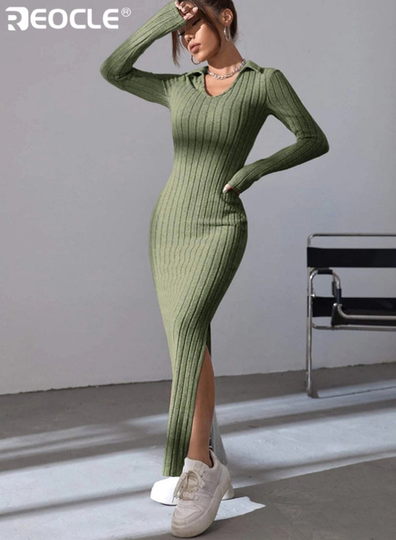 ريوكل فستان نسائي محبوك بياقة رفيعة وتصميم ضيق، فستان متوسط الطول بأكمام طويلة مضلعة من قماش مرن لارتدائه في الربيع والصيف - Image 1