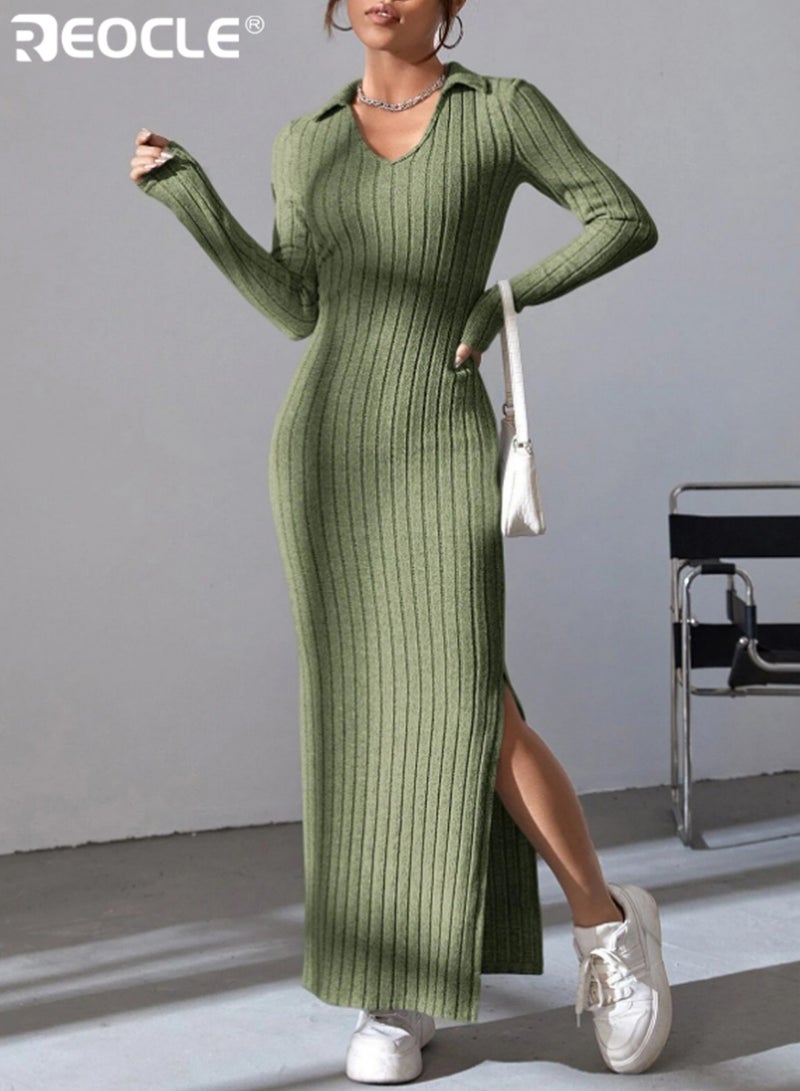 ريوكل فستان نسائي محبوك بياقة رفيعة وتصميم ضيق، فستان متوسط الطول بأكمام طويلة مضلعة من قماش مرن لارتدائه في الربيع والصيف - Image 2