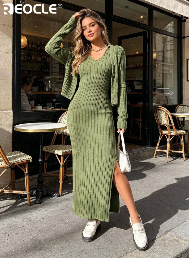 ريوكل فستان نسائي محبوك بياقة رفيعة وتصميم ضيق، فستان متوسط الطول بأكمام طويلة مضلعة من قماش مرن لارتدائه في الربيع والصيف - Image 3