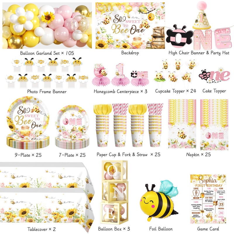 cocomigo First Bee Day Decorations Girl, Bee Balloon Arch Kit, Bee Plates and Napkins Set, Bee Themed Banner Backdrop, 1st Birthday Girl Decoration Pink Yellow Floral So Sweet to Bee One Party Supplies - Image 3