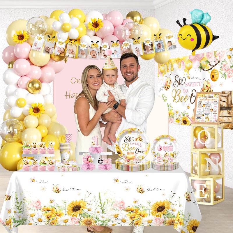 cocomigo First Bee Day Decorations Girl, Bee Balloon Arch Kit, Bee Plates and Napkins Set, Bee Themed Banner Backdrop, 1st Birthday Girl Decoration Pink Yellow Floral So Sweet to Bee One Party Supplies - Image 5