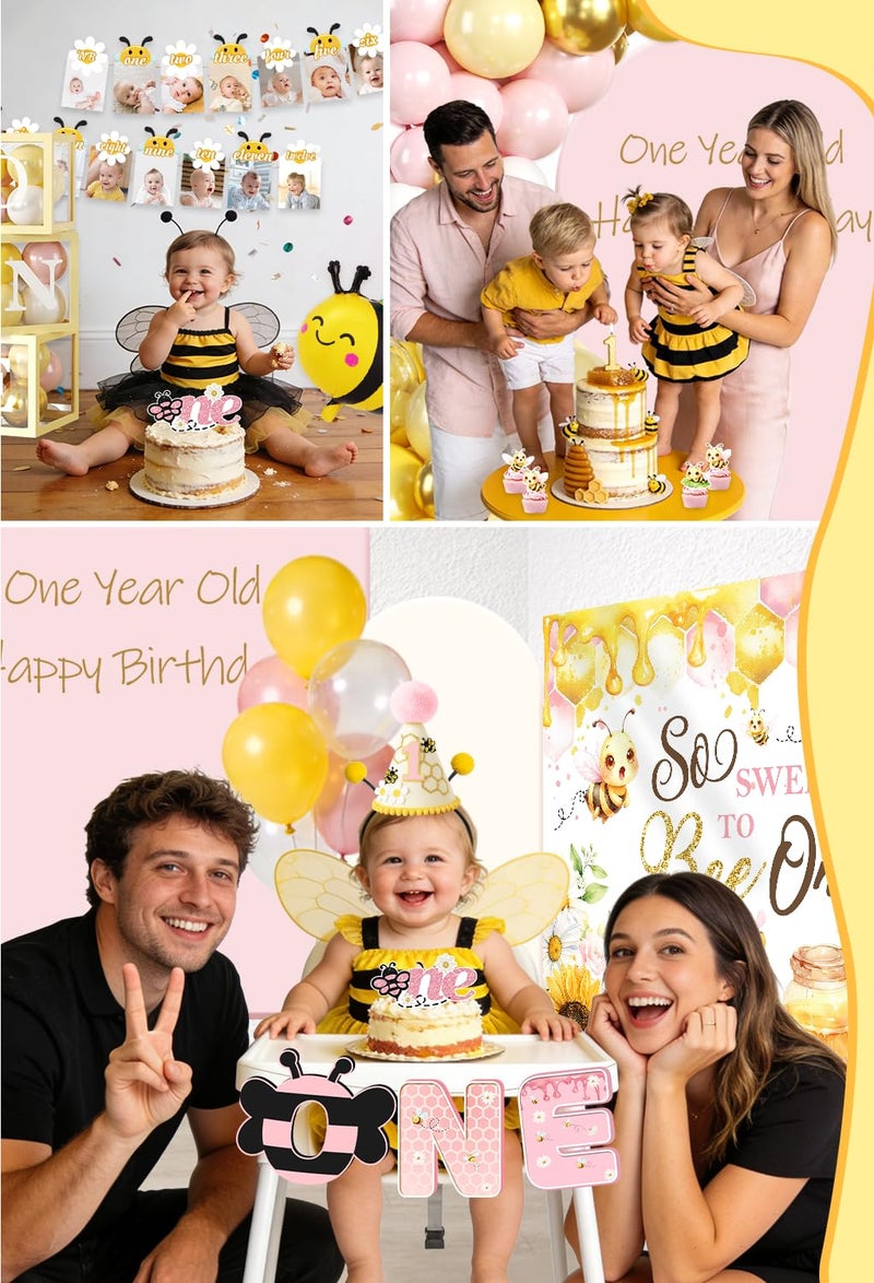 cocomigo First Bee Day Decorations Girl, Bee Balloon Arch Kit, Bee Plates and Napkins Set, Bee Themed Banner Backdrop, 1st Birthday Girl Decoration Pink Yellow Floral So Sweet to Bee One Party Supplies - Image 4