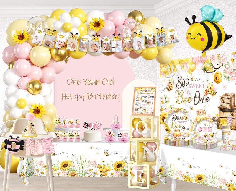 cocomigo First Bee Day Decorations Girl, Bee Balloon Arch Kit, Bee Plates and Napkins Set, Bee Themed Banner Backdrop, 1st Birthday Girl Decoration Pink Yellow Floral So Sweet to Bee One Party Supplies - Image 2