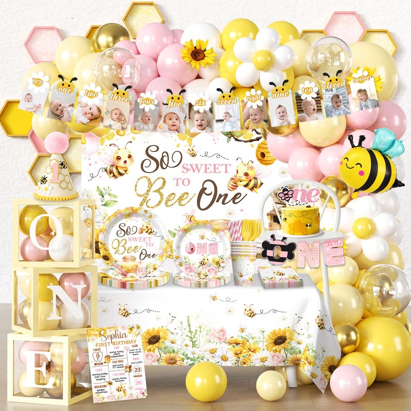 cocomigo First Bee Day Decorations Girl, Bee Balloon Arch Kit, Bee Plates and Napkins Set, Bee Themed Banner Backdrop, 1st Birthday Girl Decoration Pink Yellow Floral So Sweet to Bee One Party Supplies - Image 1