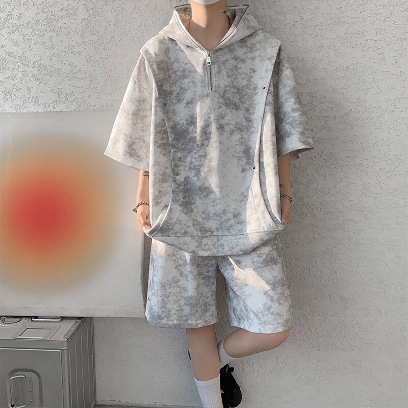 Tie-Dye Heavyweight Half-Zip Sweatshirt Short-Sleeve Shorts Plus-Size Set Men'S Trendy Cool Stylish Outfit Set Trendy Short T-Shirt - Image 5
