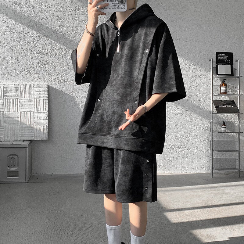 Tie-Dye Heavyweight Half-Zip Sweatshirt Short-Sleeve Shorts Plus-Size Set Men'S Trendy Cool Stylish Outfit Set Trendy Short T-Shirt - Image 2