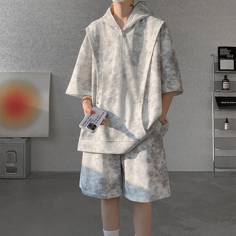 Tie-Dye Heavyweight Half-Zip Sweatshirt Short-Sleeve Shorts Plus-Size Set Men'S Trendy Cool Stylish Outfit Set Trendy Short T-Shirt - Image 1