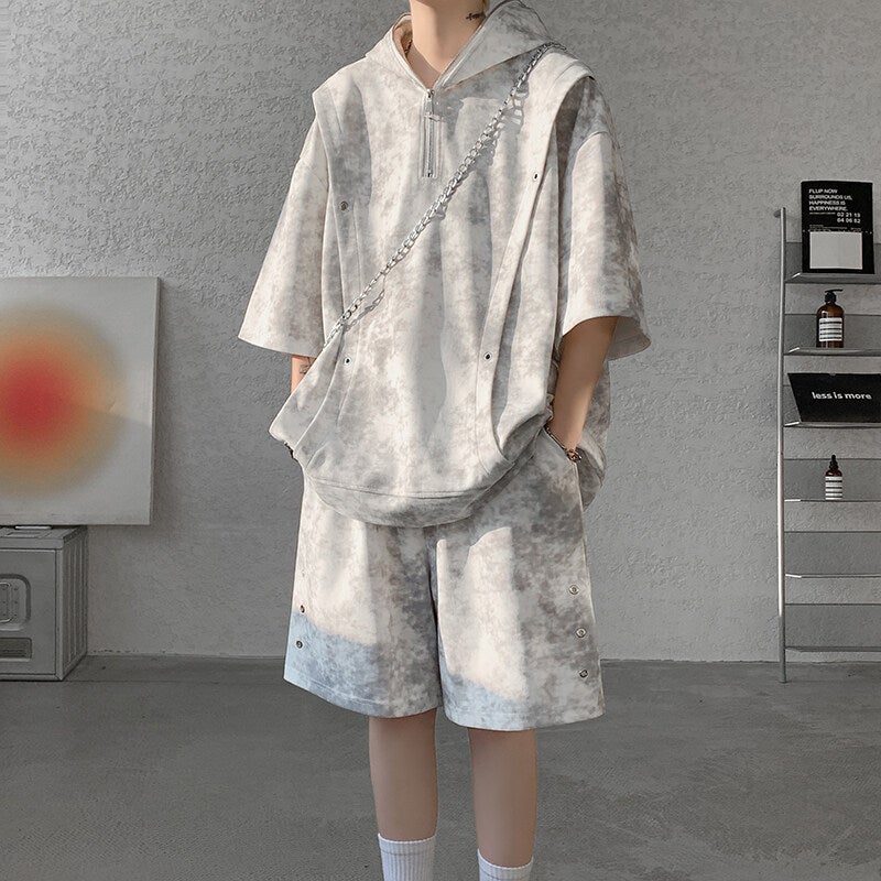 Tie-Dye Heavyweight Half-Zip Sweatshirt Short-Sleeve Shorts Plus-Size Set Men'S Trendy Cool Stylish Outfit Set Trendy Short T-Shirt - Image 3