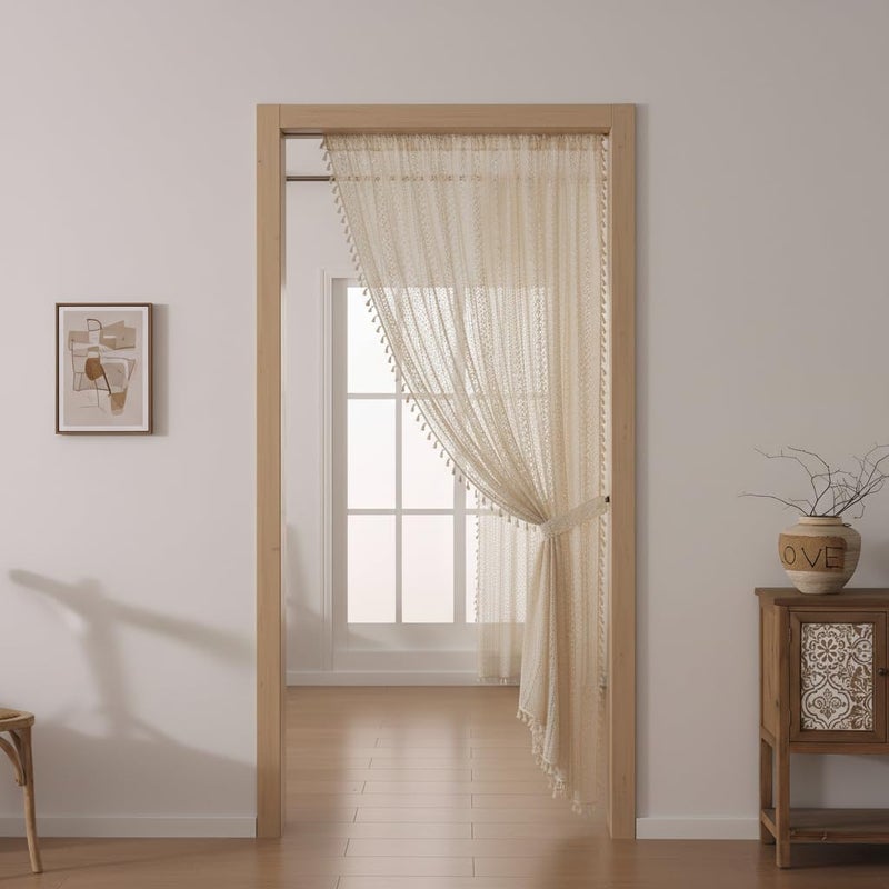 WAZZIO Boho Lace Curtains 63 Inch Length - Beige Vintage Crochet Semi-Sheer Panel Privacy & Light Filtering, Rustic Farmhouse Style Drape for Bedroom, Living Room, Dining Room (1 Panel, W59 x L63) - Image 4