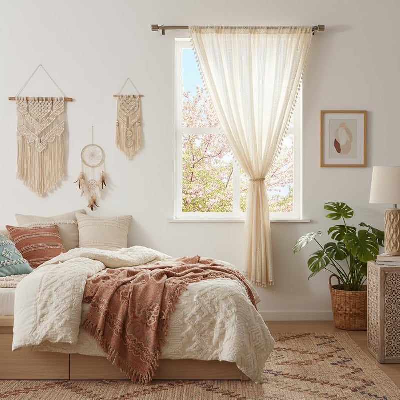 WAZZIO Boho Lace Curtains 63 Inch Length - Beige Vintage Crochet Semi-Sheer Panel Privacy & Light Filtering, Rustic Farmhouse Style Drape for Bedroom, Living Room, Dining Room (1 Panel, W59 x L63) - Image 3