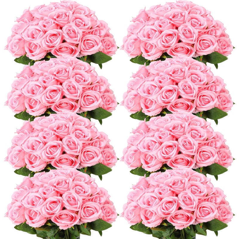 Hotop 120 Pcs Roses Artificial Flowers in Bulk,Long Stem Artificial Flower Bouquet,Silk Real Touch Fake Rose for Wedding Party Table Centerpieces Decor Valentines Gifts(Pink) - Image 1