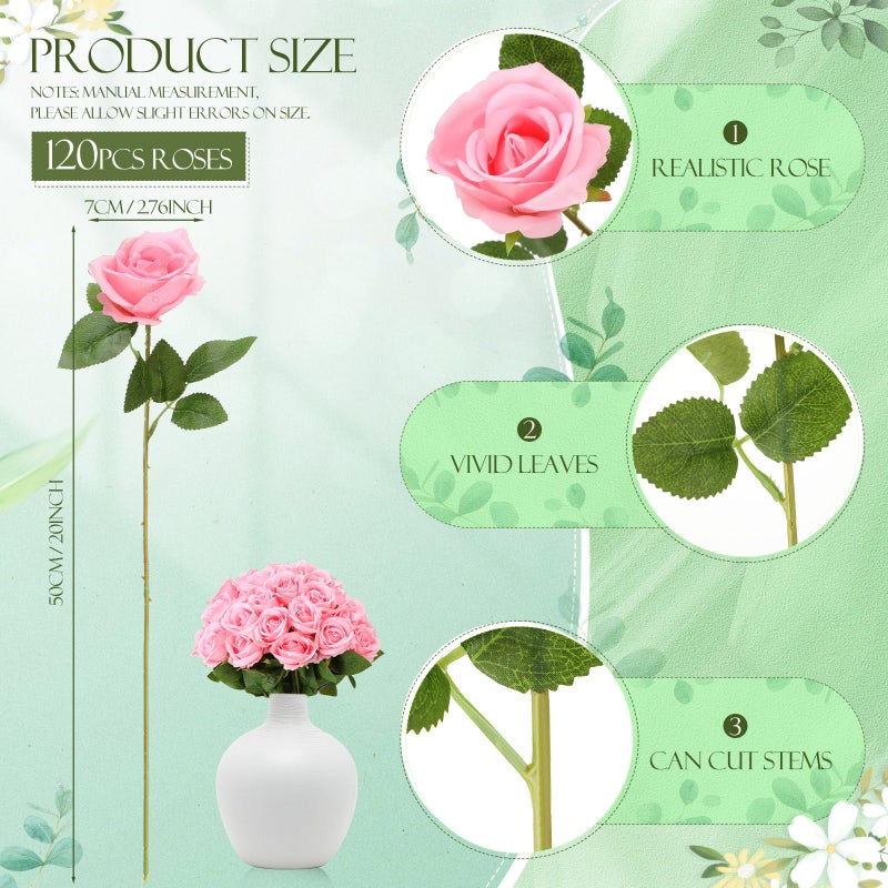 Hotop 120 Pcs Roses Artificial Flowers in Bulk,Long Stem Artificial Flower Bouquet,Silk Real Touch Fake Rose for Wedding Party Table Centerpieces Decor Valentines Gifts(Pink) - Image 2
