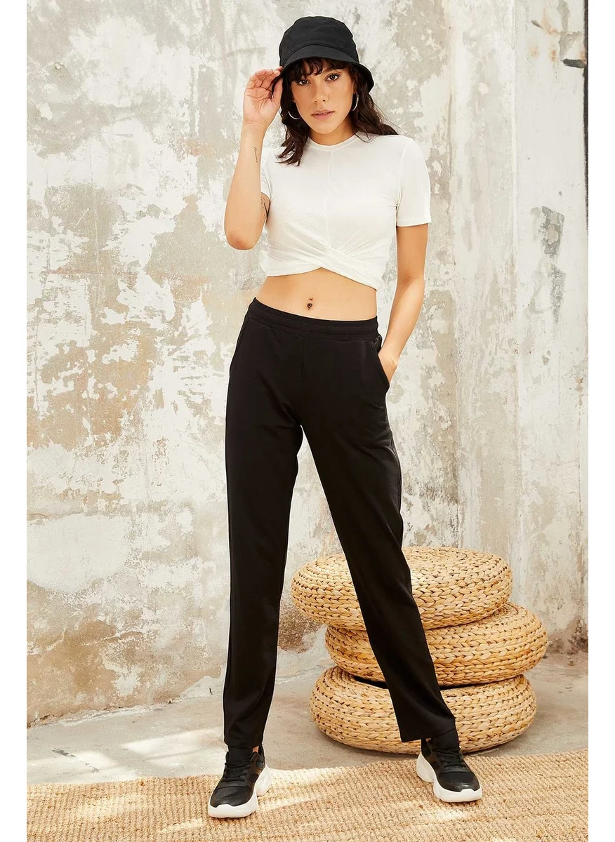 Tommy Life Black High Waist Pocket Comfortable Form Classic Leg Women's Tracksuit Bottom - 94584