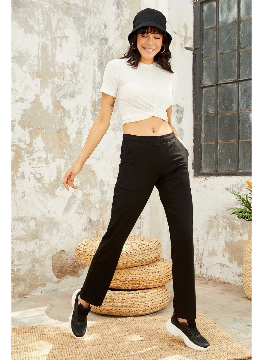 Tommy Life Black High Waist Pocket Comfortable Form Classic Leg Women's Tracksuit Bottom - 94584