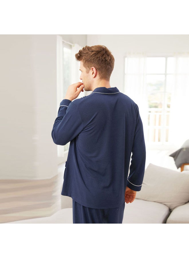 MEIBIAO American Standard Long Sleeve Pajamas For Women Couples Composite Cotton Fabric Casual Men's Homewear Dark Blue 2XL - Image 4