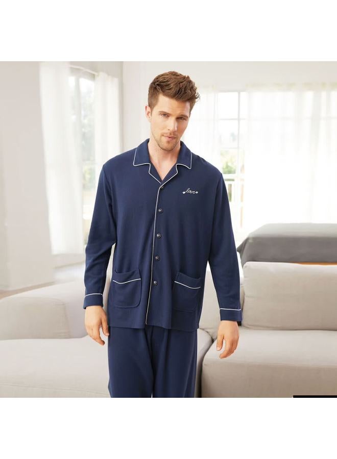 MEIBIAO American Standard Long Sleeve Pajamas For Women Couples Composite Cotton Fabric Casual Men's Homewear Dark Blue 2XL - Image 3