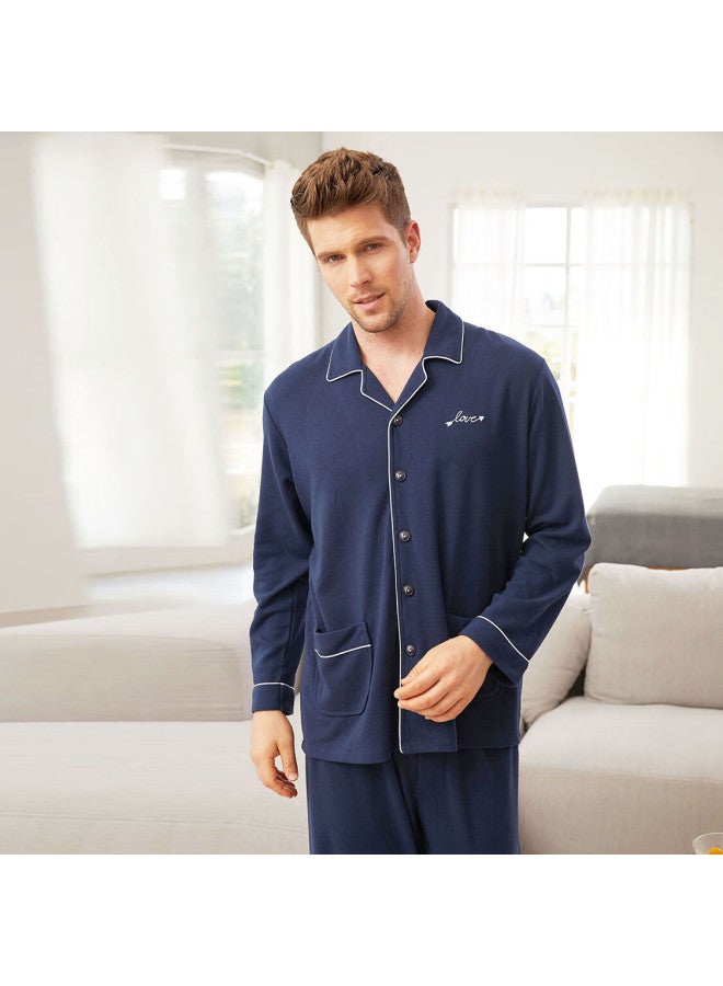 MEIBIAO American Standard Long Sleeve Pajamas For Women Couples Composite Cotton Fabric Casual Men's Homewear Dark Blue 2XL - Image 1
