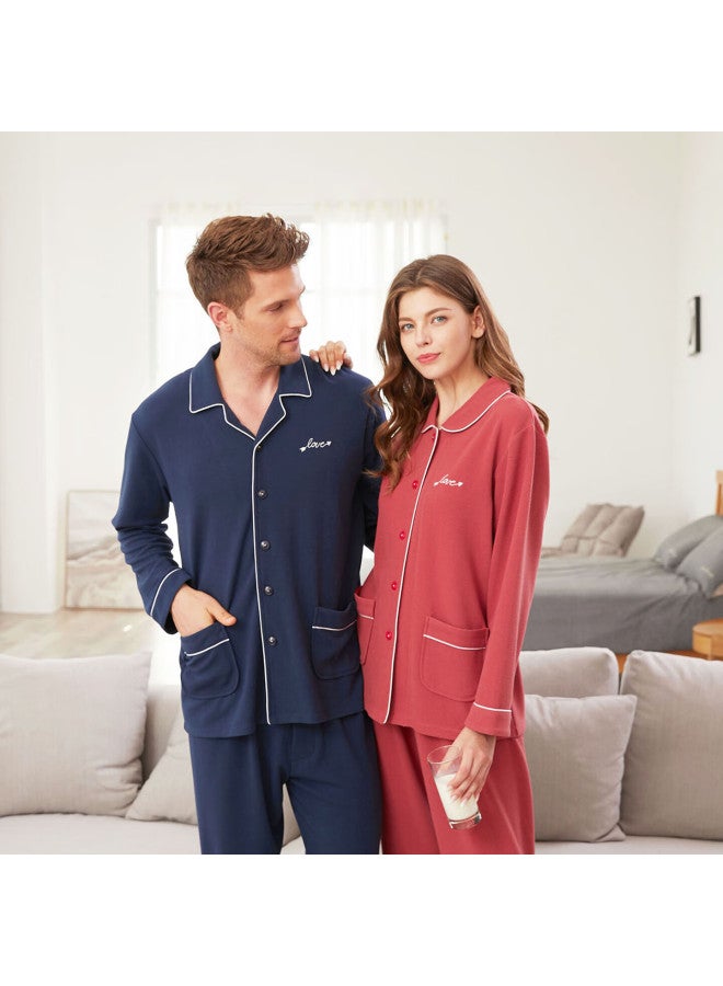 MEIBIAO American Standard Long Sleeve Pajamas For Women Couples Composite Cotton Fabric Casual Men's Homewear Dark Blue 2XL - Image 5