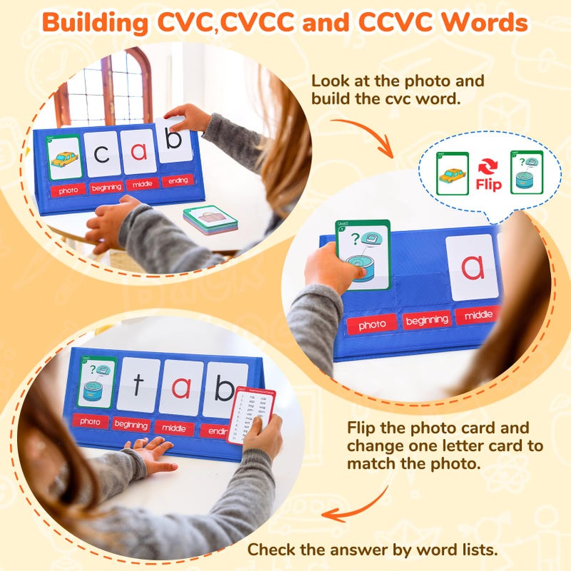 Gamenote Word Building Desktop Pocket Chart Tent Flash Cards Kit - CVC Words Phonics Games Blending Board for Kindergarten Reading and Spelling - Image 2