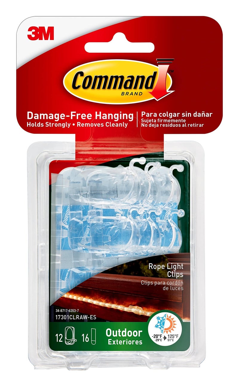 Command Outdoor Rope Light Clips  12 Hooks and 16 Command Strips  Damage Free Hanging Christmas Decorations with Weather Resistant Strips  Wall Clips for Hanging Outdoor Lights and Cable Management - Image 1