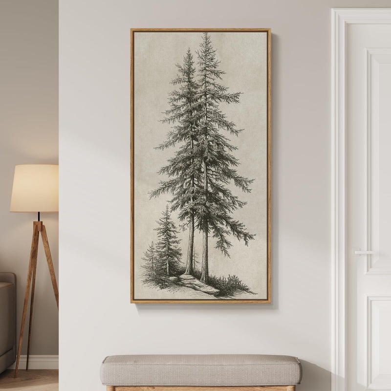 Cuspin Framed Vertical Vintage Sketch Tree Living Room Wall Art, Large Black Beige Rustic Pine Artwork for Walls, Classic Antique Nature Forest Canvas Painting Print for Office Kitchen Foyer Stair 20x40 Inch - Image 1